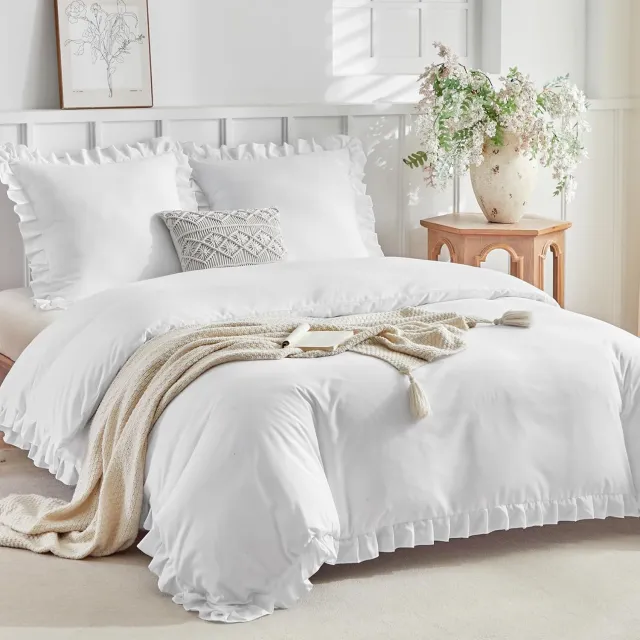 Famanu Beddengoed set van 3 delen met ruches, 200 x 220 cm, wit microvezel beddengoed met bloemen, inclusief kussenslopen van 80 x 80 cm, dekbedovertrek met ritssluiting