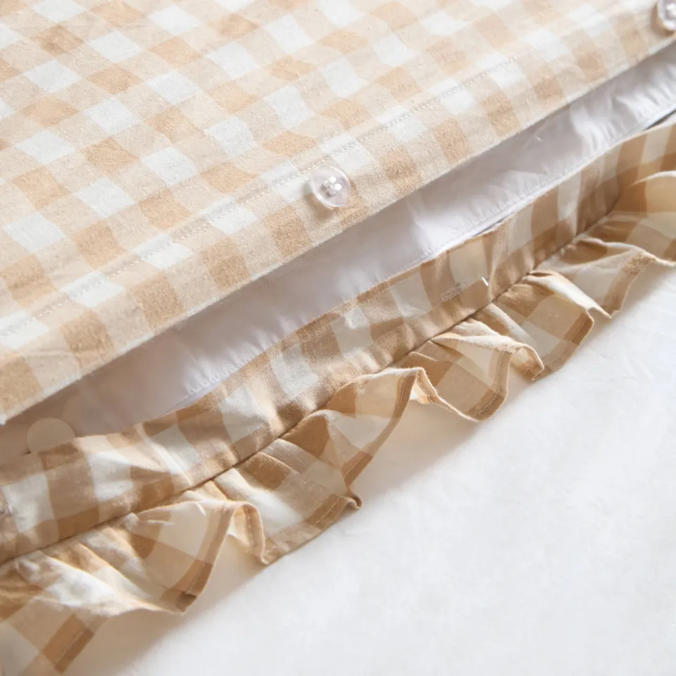 NOUS Living katoenen geruite ruffle 2-persoons dekbedovertrek 200x220 cm - beige