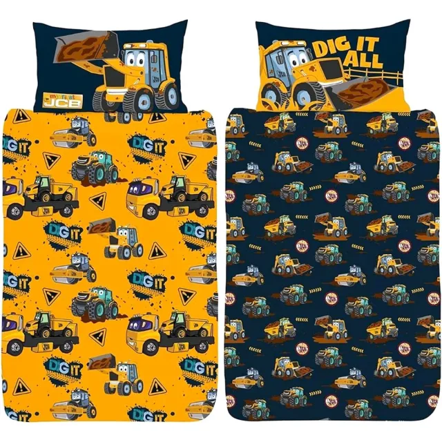 Catherine Lansfield 1-persoons jongens dekbedovertrek (dekbed hoes) donker geel / donker blauw “dig it” met wegenbouw voertuigen / auto’s: graafmachine, vrachtwagen / truck, shovel en bulldozer eenpersoons 140 x 200 cm (kinderkamer kleuters, Sint & Kerst cadeau!)