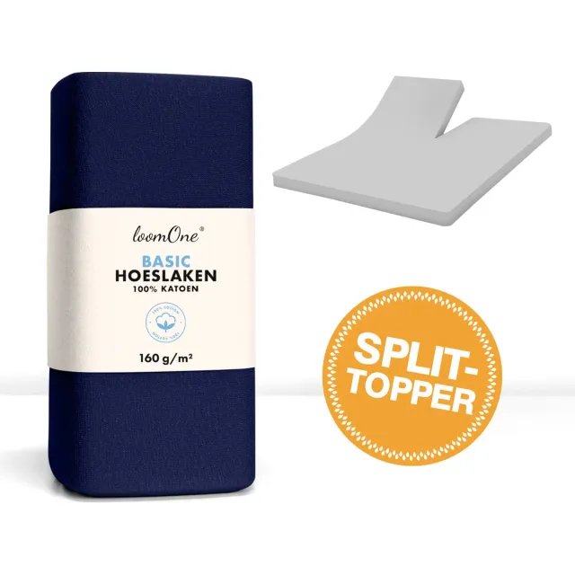 Loom One Hoeslaken Splittopper – 100% Jersey Katoen – 200x200 cm – tot 10cm matrasdikte– 160 g/m² – Donkerblauw