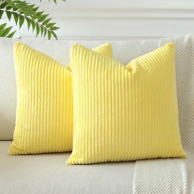 Famanu Set van 2 corduroy kussenhoezen met strepen, 45 x 45 cm, zacht en decoratief, geel