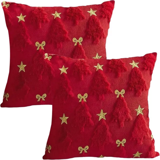 KZQ Set van 2 kussenslopen met kerstthema (vulling niet inbegrepen) - 45 x 45 cm - Enkelzijdige pluche kussensloop - Kerstboomstrikpatroon - Zacht en huidvriendelijk - Geschikt voor de feestdagen in de woonkamer en slaapkamer - Rood