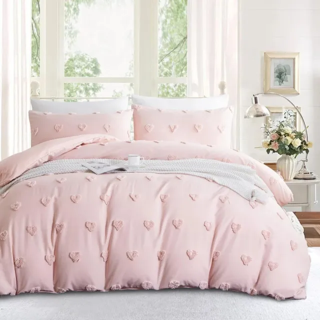 LUCKICE Beddengoed Bohemian beddengoed met getufte hartjes, boho borduursel, shabby chic Roze