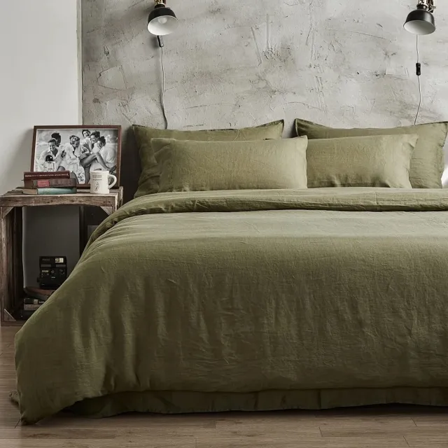 Unyqoos Olijfgroene katoenen beddengoedset met ritssluiting en vintage uitstraling