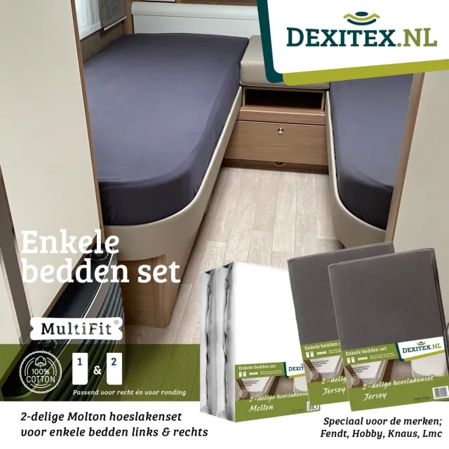 dexitex 1 x molton + 2 x Hoeslakenset Antraciet enkele bedden 2 delig geschikt voor Caravan Fendt-Hobby-Knaus-LMC-Tabbert-Weinsberg-Dethleff 1 x molton 2 x hoeslaken Antraciet