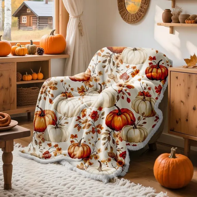 KZQ Oranje Herfstdeken 130x150 Cm - Warme Fleece En Sherpa Plaid, Dubbelzijdig En Zacht, Met Pompoenmotief Voor Halloween En Herfst, Voor Bank, Bed En Slaapkamer