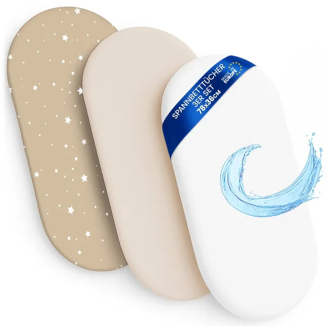 Totsy baby Hoeslaken Kinderwagen Baby Hoeslakenset Set van 3: - 2x lakenset + 1x waterdichte matrasbeschermer - Babybed Accessoires voor Kinderbedje Aanschuifbed Wiegje beige met witte sterren
