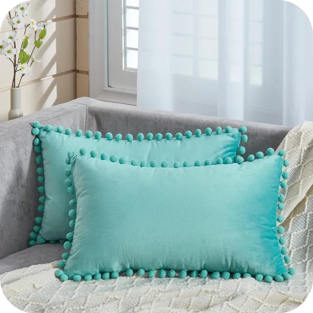 Thuys Fluwelen kussenslopen met pompons, effen, decoratief, hoofdkussen, zitkussen, voor de bank, slaapkamer, kantoor, auto turkoois