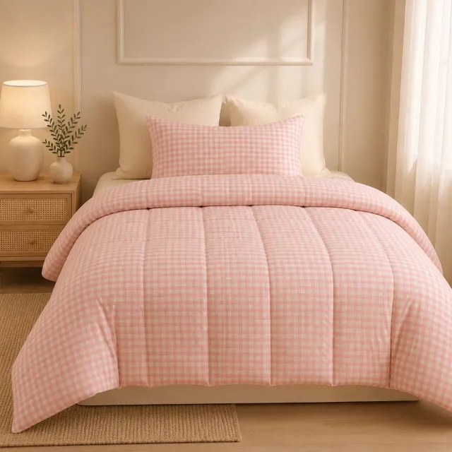 Lano&Go Beddengoedset 135x200 cm roze wit geruit - allergievriendelijk microvezel dekbedovertrek met ritssluiting en kussensloop 80x80 cm
