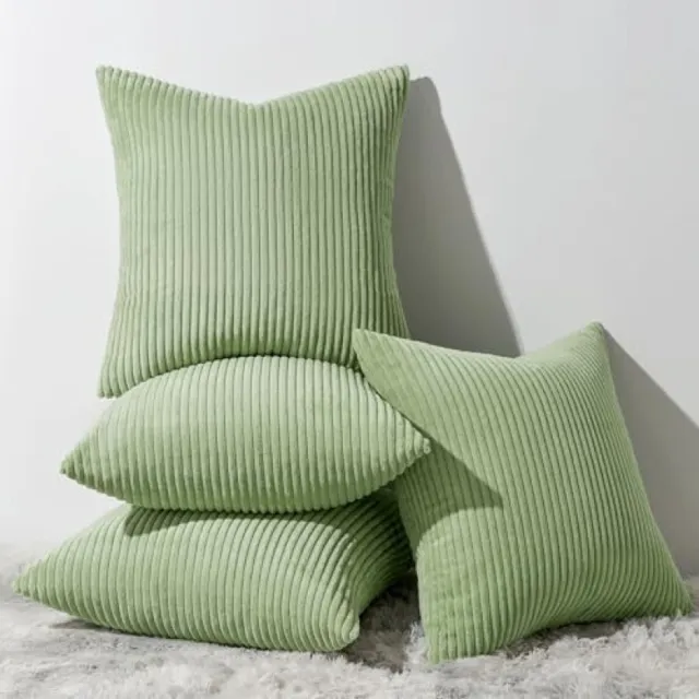 PromoHome Ribfluweel Kussenhoes Set 50x50 cm Saliegroen Gestreept Patroon - 4 Stuks Decoratieve Kussenhoezen voor Bank, Woonkamer en Tuinmeubelen