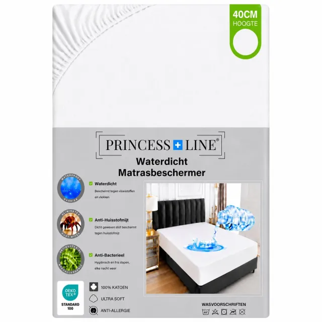Princess Line Wasbare Waterdichte -Matrasbeschermer-Waterdicht Badstofhoeslaken- Incontinentie Matrashoes -Ademend -Antibacteriëel - Anti-allergie-200x200 cm- Rondom Elastiek-Matrashoogte tot 40cm-ook voor waterbed en boxspring Wit