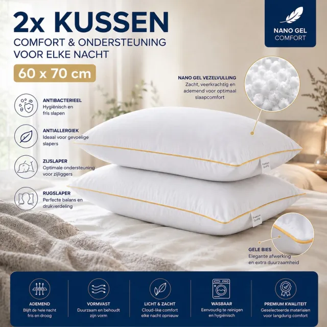 FABRIC BOX Premium Nano Gel Hoofdkussen 60x70 cm - Set van 2 - Zacht & Ademend - Anti-allergisch & Antibacterieel Wit