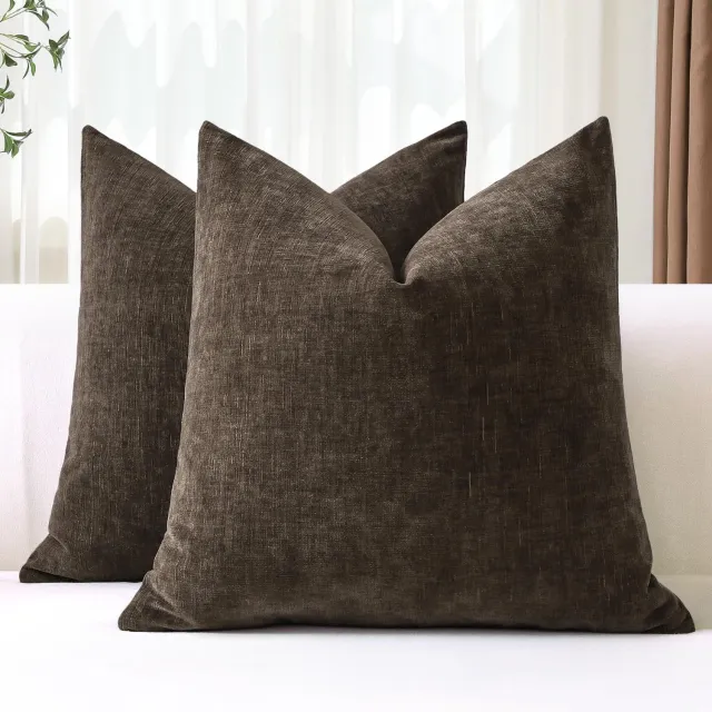 Famanu Set van 2 chenille kussenhoezen, decoratieve effen kussenslopen voor woonkamer en slaapkamer, 45 x 45 cm, bruin, perfect voor een warme en stijlvolle uitstraling in je interieur
