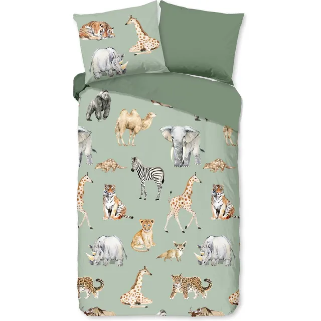 Pure dekbedovertrek safari dieren - 1 persoons 140x200/220 cm - Groen - Microvezel Green