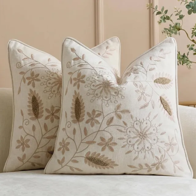 SNQ 2 Stuks Geborduurde Kussenslopen - 45x45 cm - Beige - Chenille met Bloemmotief - Voor Bank en Woonkamer