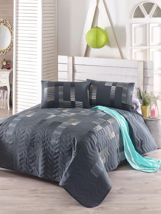 Asir Sprei Set - Gewatteerd - Antraciet Zwart AnthraciteBlackWhiteBeige