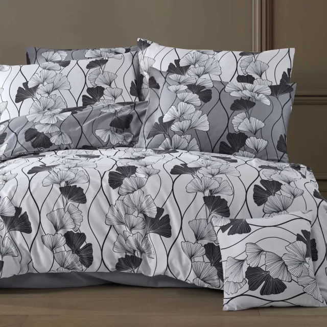 Darymex Exclusive Dekbedovertrek 200x220 cm - Wit / Zwart - Ginkgo Biloba Bladeren - 100% Mako-Satijn Katoen - Lits-Jumeaux - Met Ritssluiting - OEKO-TEX® - Met 2 Kussenslopen 70x80 cm Wit | Zwart
