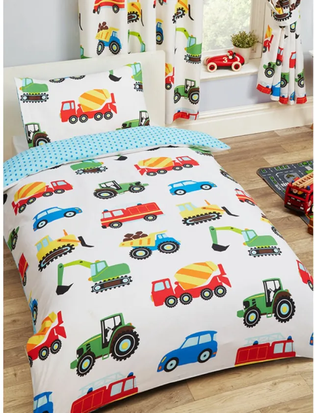 Catherine Lansfield Peuter / junior jongens dekbedovertrek (dekbed hoes) wit “transport voertuigen” met auto, tractor / trekker, bulldozer, graafmachine, kraan, vrachtwagen / truck en brandweer 120 x 150 cm (kinderkamer kleuters, cadeau Sint & Kerst!)