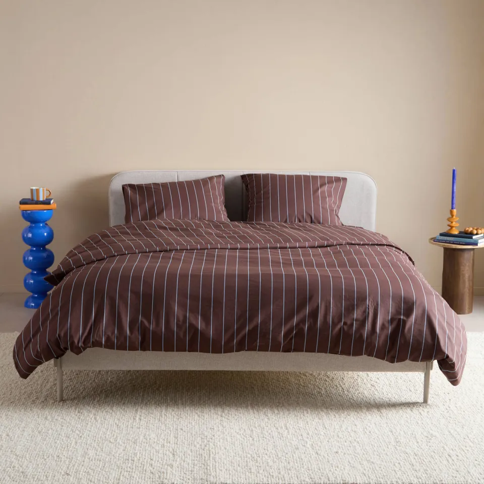 NOUS Living katoenen gestreepte 2-persoons dekbedovertrek 200x220 cm - donkerbruin/blauw, foto 4