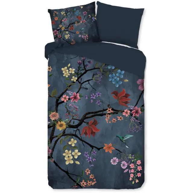 Pure dekbedovertrek takken met gekleurde bloemen en vogels - Donkerblauw - Microvezel, foto 2