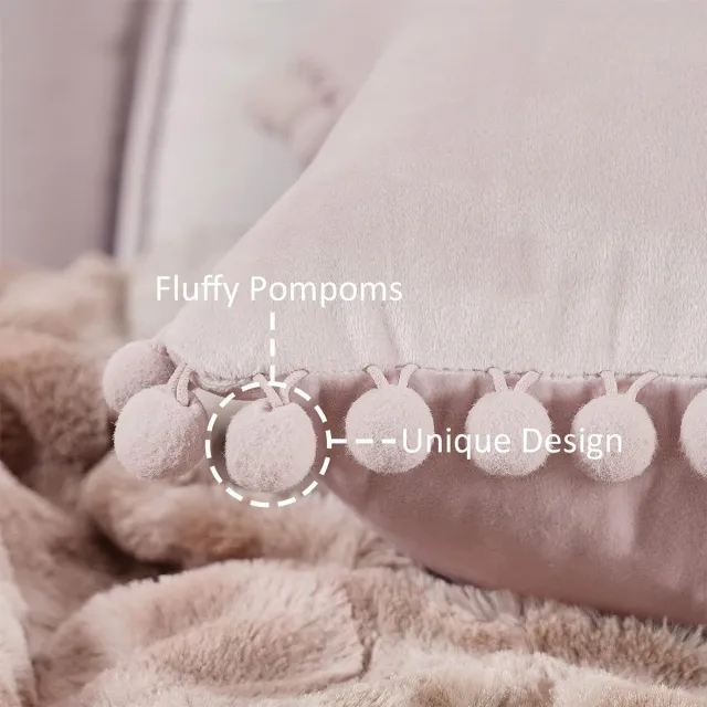 Thuys Fluwelen kussenslopen met pompons, effen, decoratief, hoofdkussen, zitkussen, voor de bank, slaapkamer, kantoor, auto roze