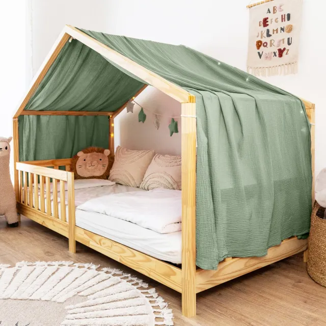 Lilimaus Huisbed hemeltje uit één stuk - bedhemel voor huisbed - 135x420 cm - mousseline katoen - groen