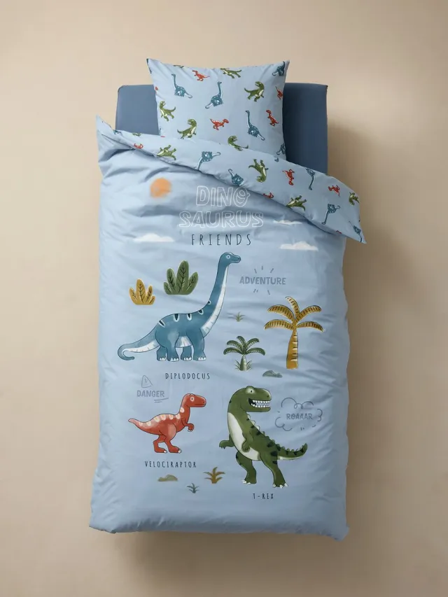 vertbaudet Dekbedovertrekset + kussensloop kind met gerecycled katoen DINO FRIENDS Ijsblauw
