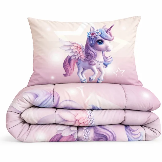 Eleganzzz Kinderdekbed Zonder Overtrek Purple Unicorn - Eenhoorn Kinderdekbed - Purple - 140x200 cm - Microvezel - Inclusief Kussensloop