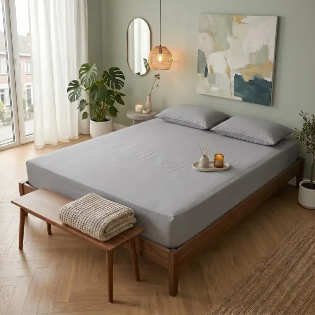 Saphira SOFT Geweven Katoen Hoeslaken – Grijs – 120x200 cm – Tweepersoon – 30 cm Matrashoogte – 100% Katoen – 360° Elastiek Rondom – Glad, Ademend & Zacht