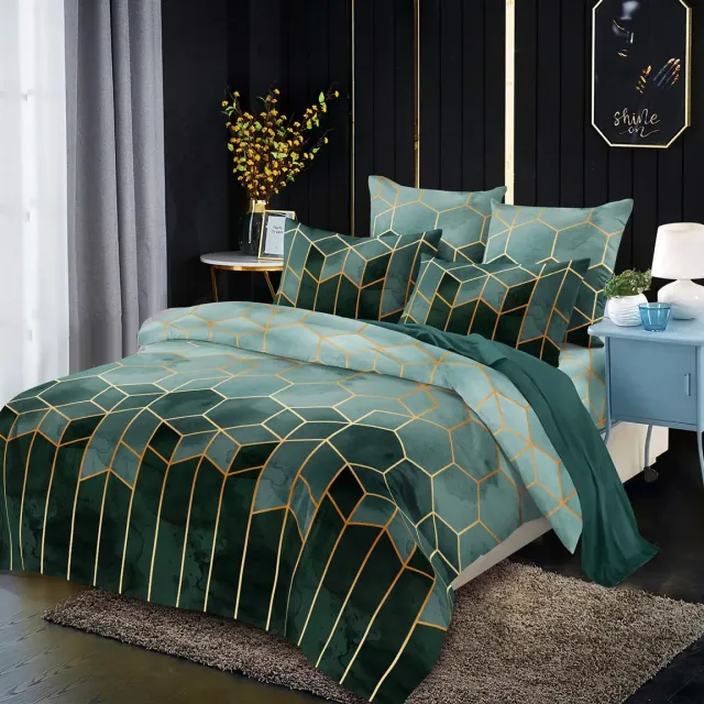 Ibenzoa Beddengoedset met Geometrisch Dubbelzijdig Patroon in Groen en Donkergroen, Microvezel