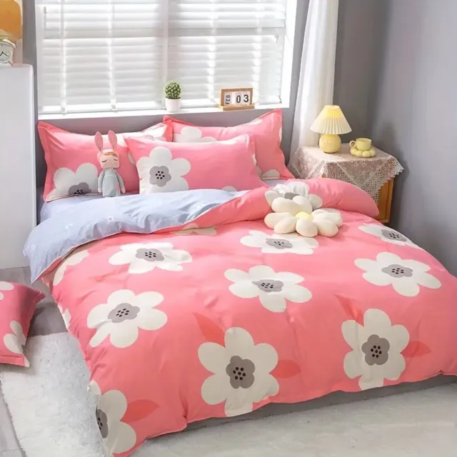 You & I Mooie zachte dekbedovertrekset – Roze met grote witte bloemen – Romantisch – 140 x 200 cm – Dubbelzijdig – met ritssluiting