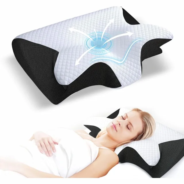Mrilary Ergonomisch nek- en hoofdkussen voor slapen, memory foam kussen voor volwassenen - vlindervormig contourdessin, zij- en rugslapers, schoudercomfort, 3D luchtkanalen, wasbare hoes Wit