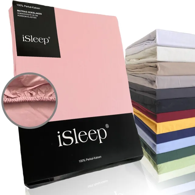 iSleep Perkal Hoeslaken - 100% Perkal Katoen - Hoge Hoek - Rondom Elastiek - Litsjumeaux - 180x200 cm - Oud Roze