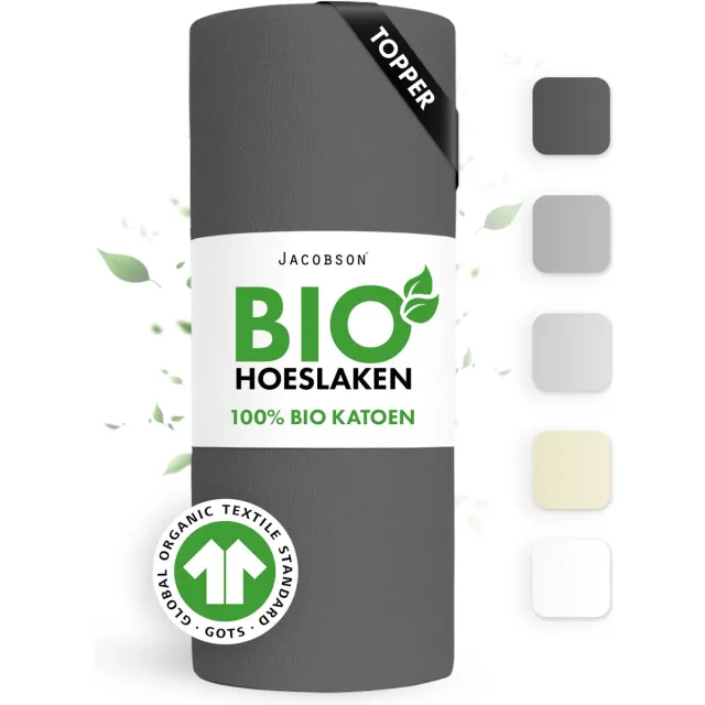JACOBSON Hoeslaken Topper – 100% Biologisch Katoen – 140x200 cm – tot 12cm matrasdikte– 160 g/m² – Antraciet