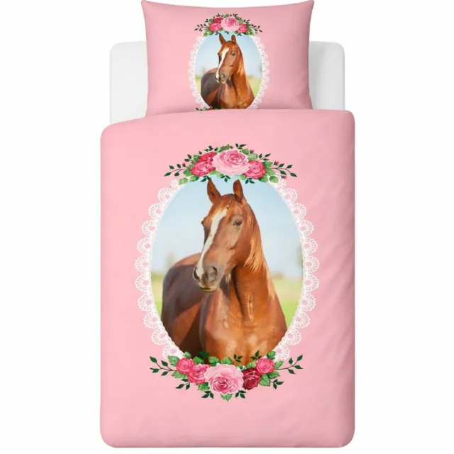 Bedsupplies Cute Horse Dekbedovertrek - 140x200/220 cm - Eenpersoons - Paarden Print - Inclusief Kussensloop 60x70 cm Roze