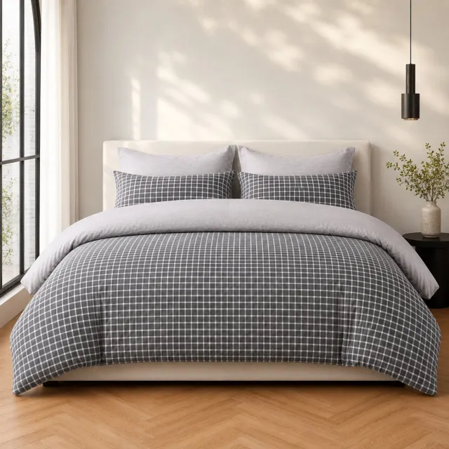 MeiLun Home Loom Check Dekbedovertrek – 140 x 220 cm – 90 x 200 cm + 32cm Hoeslaken+ 1 kussenslopen van 50 × 70 cm – Slate Grid