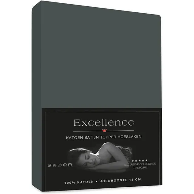 Excellence Katoen Satijn Topper Hoeslaken 120x200cm + 15cm - Antraciet