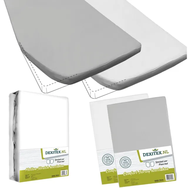 dexitex Textielpakket Frans bed - 1 molton met 2 hoeslakens - links 1 x Wit + 1 x Licht grijs 1 x molton/ 1 x wit hoeslaken + 1 x lichtgrijs hoeslaken