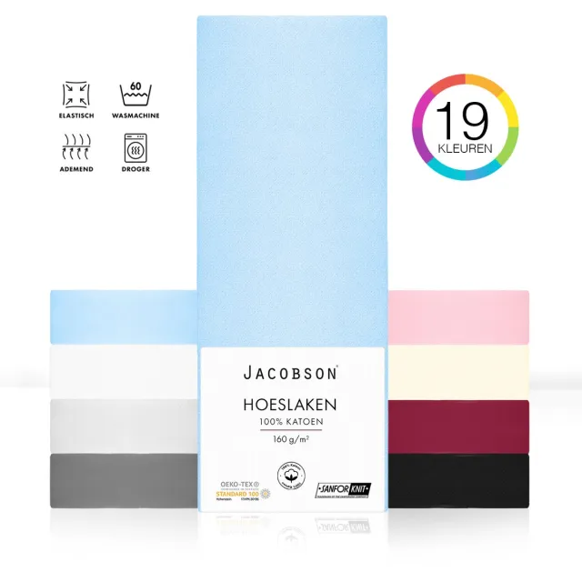 JACOBSON PREMIUM - Jersey Hoeslaken - 160x200cm - 100% Katoen - tot 23cm matrasdikte - Lichtblauw