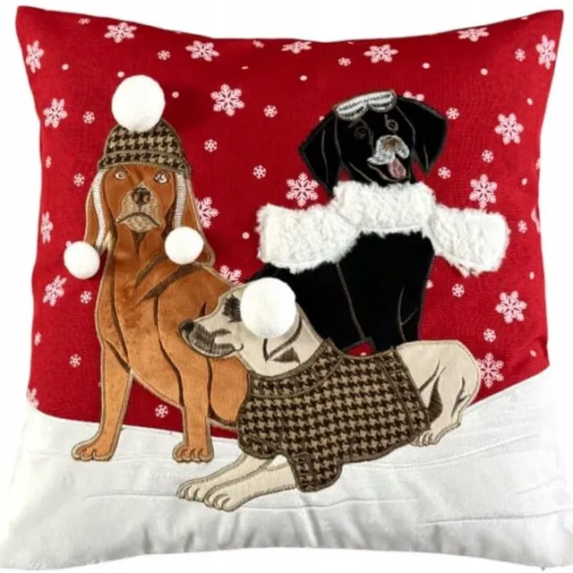 DeHome Kerst Kussenhoes 40x40 cm - Vrolijke Hondenprint Rood met hondenprint