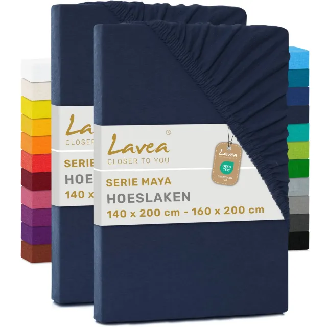 lavea Set van 2 Hoeslakens 140x200 cm – 100% Zacht en Ademend Katoen – voor Dikke Matrassen tot 20 cm – Jersey met Elastiek rondom – Galaxieblauw Nachtblauw