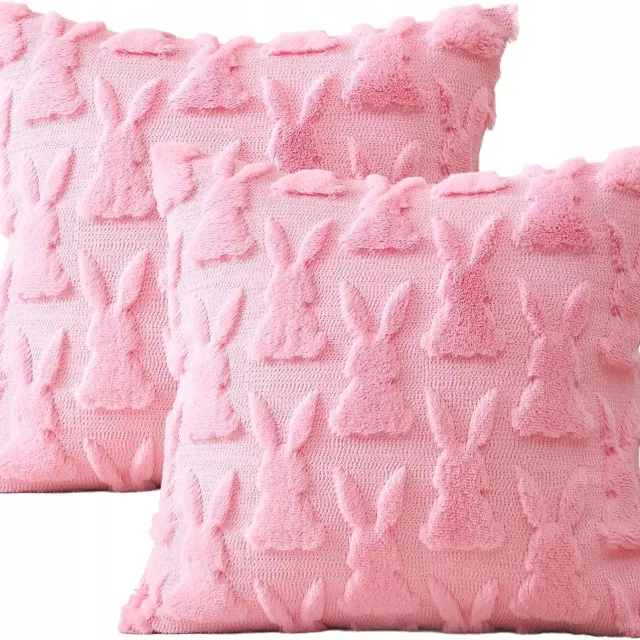 Artscope 2x Decoratieve Kussenhoezen Pluche Roze 3D Konijntjes 50x50 cm