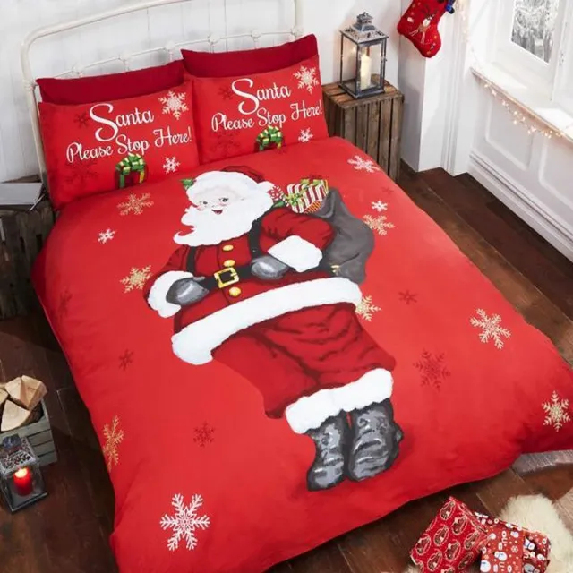 Great British Design kerst dekbedovertrek - Santa please stop here - met 1 kussensloop rood