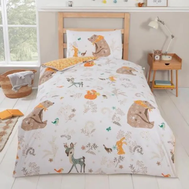 Catherine Lansfield 1-persoons kinder dekbedovertrek (dekbed hoes) "Woodland Friends" wit met natuur bos dieren (beer, hert, konijn, vos, vogels) met bladeren, planten en bloemen eenpersoons 140 x 200 cm (kinderkamer, slaapkamer jongens en meisjes, Sint & Kerst cadeau)