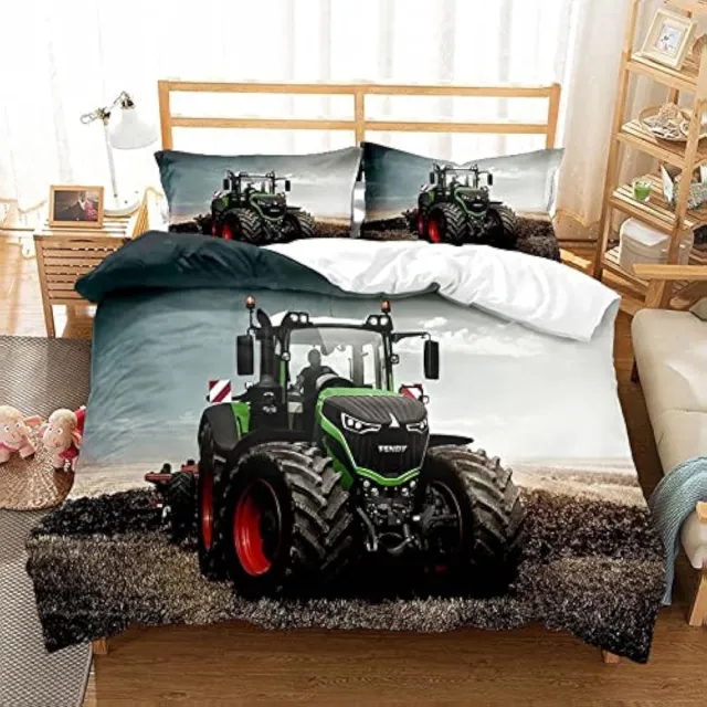 Ibenzoa Comfortabele Kinder Dekbedovertrekset met Levendige Tractordesign, Inclusief 3D Beddengoed en Kussenslopen groen