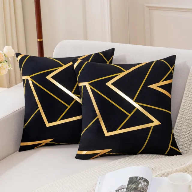 Unyqoos Set van 2 luxe fluwelen kussenslopen met gouden geometrisch patroon zwart