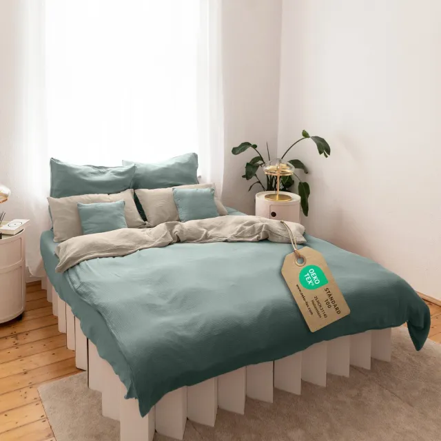 Lilimaus Dekbedovertrek 200x200 cm met 2 kussenslopen 80x80 cm - mousseline katoen - lichtbeige en groen