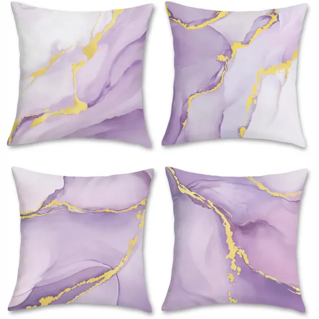 Ibenzoa Set van 4 Luxe Kussenslopen in Marmerpatroon met Gouden en Paarse Accenten, 45 x 45 cm