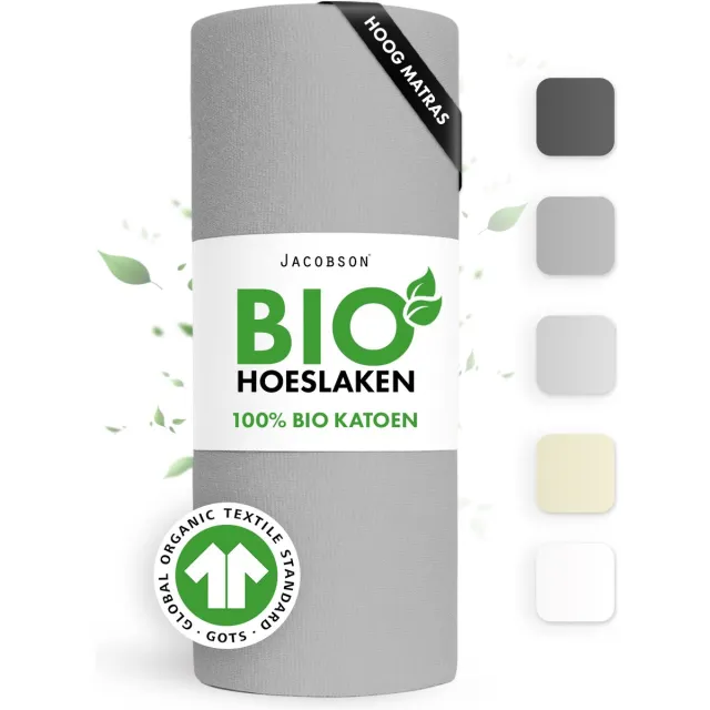 JACOBSON Hoeslaken – 100% Biologisch Katoen – 90x220 cm – tot 40cm matrasdikte– 160 g/m² – Grijs