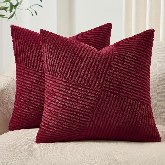 Famanu 2 kussenslopen van zacht ribfluweel, 45 x 45 cm, bordeauxrood, perfect voor woonkamer en slaapkamer, voegt luxe uitstraling en comfort toe aan je interieur, eenvoudig te onderhouden voor langdurig gebruik